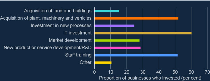 The chart shows the distribution of firms by investment type. IT investment is the highest, with staff training and acquisition of plant, machinery and vehicles following closely showing high levels.  Acquisition of land and buildings and other are the lowest.