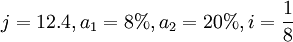 j=12.4,a_1=8%,a_2=20%,i=\frac{1}{8}