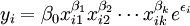 y_i=\beta_0x_{i1}^{\beta_1}x_{i2}^{\beta_2}\cdots x_{ik}^{\beta_k}e^{\epsilon_{i}}