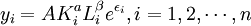 y_i=AK_{i}^aL_i^{\beta}e^{\epsilon_{i}},i=1,2,\cdots,n
