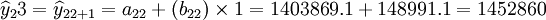 \widehat{y}_23=\widehat{y}_{22+1}=a_{22}+(b_{22})\times1=1403869.1+148991.1=1452860