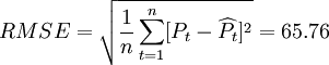 RMSE=\sqrt{\frac{1}{n}\sum_{t=1}^n[P_t-\widehat{P_t}]^2}=65.76