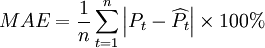 MAE=\frac{1}{n}\sum_{t=1}^n\left|P_t-\widehat{P_t}\right|\times100%
