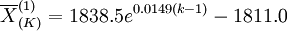 \overline{X}^{(1)}_{(K)}=1838.5e^{0.0149(k-1)}-1811.0