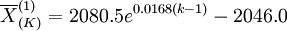 \overline{X}^{(1)}_{(K)}=2080.5e^{0.0168(k-1)}-2046.0