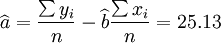 \widehat{a}=\frac{\sum y_i}{n}-\widehat{b}\frac{\sum x_i}{n}=25.13