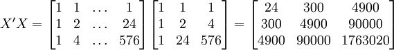 X^\prime X=\begin{bmatrix}1&1&\ldots&1\\1&2&\ldots&24\\1&4&\ldots&576\end{bmatrix} \begin{bmatrix}1&1&1\\1&2&4\\1&24&576\end{bmatrix}=\begin{bmatrix}24&300&4900\\300&4900&90000\\4900&90000&1763020\end{bmatrix}