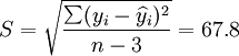 S=\sqrt{\frac{\sum(y_i-\widehat{y}_i)^2}{n-3}}=67.8