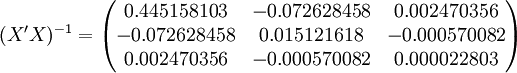 (X^\prime X)^{-1}=\begin{pmatrix} 0.445158103 & -0.072628458 & 0.002470356 \\ -0.072628458 & 0.015121618 & -0.000570082 \\ 0.002470356 & -0.000570082 & 0.000022803 \end{pmatrix}