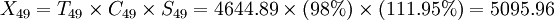 X_{49}=T_{49}\times C_{49}\times S_{49}=4644.89\times (98%)\times (111.95%)=5095.96
