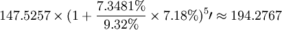 147.5257\times(1+\frac{7.3481%}{9.32%}\times7.18%)^5\prime\approx194.2767