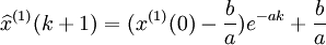 \widehat{x} ^{(1)} (k+1)=(x^{(1)}(0)- \frac{b}{a})e^{-ak}+ \frac{b}{a}