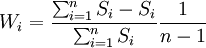 W_i=\frac{\sum_{i=1}^n S_i-S_i}{\sum_{i=1}^n S_i}\frac{1}{n-1}