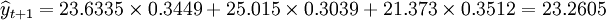 \widehat{y}_{t+1}=23.6335\times0.3449+25.015\times0.3039+21.373\times0.3512=23.2605