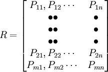 R=\begin{bmatrix} P_{11},P_{12}\cdots & P_{1n} \\ \bullet  \bullet & \bullet \\ \bullet \bullet & \bullet\\ \bullet  \bullet & \bullet\\  P_{21},P_{22}\cdots & P_{2n}\\ P_{m1},P_{m2}\cdots & P_{mn}\end{bmatrix}
