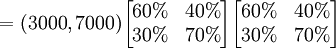 =(3000,7000)\begin{bmatrix}60% & 40%\\30% & 70%\end{bmatrix}\begin{bmatrix}60% & 40%\\30% & 70%\end{bmatrix}