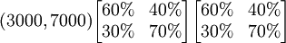 (3000,7000)\begin{bmatrix}60% & 40%\\30% & 70%\end{bmatrix}\begin{bmatrix}60% & 40%\\30% & 70%\end{bmatrix}