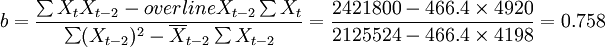 b=\frac{\sum X_tX_{t-2}-overline{X}_{t-2}\sum X_t}{\sum(X_{t-2})^2-\overline{X}_{t-2}\sum X_{t-2}}=\frac{2421800-466.4\times4920}{2125524-466.4\times4198}=0.758