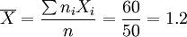 \overline{X}=\frac{\sum{n_iX_i}}{n}=\frac{60}{50}=1.2