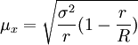 \mu_x=\sqrt{\frac{\sigma^2}{r}(1-\frac{r}{R})}