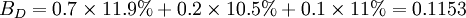 B_D=0.7\times 11.9%+0.2\times 10.5%+0.1\times 11%=0.1153