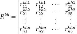 R^{kh}=\begin{vmatrix}r^{kh1}_{11} & r^{kh1}_{12} & \cdots & r^{kh1}_{15} \\ r^{kh2}_{21} & r^{kh2}_{22} & \cdots & r^{kh2}_{25} \\ \vdots & \vdots & \vdots &  \vdots\\ r^{khn}_{n1} & r^{khn}_{n2}& \cdots & r^{khn}_{n5} \end{vmatrix}