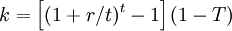 k=\left[(1+r/t)^t-1\right](1-T)