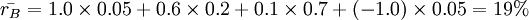 \bar{r_B}=1.0\times 0.05+0.6\times 0.2+0.1\times 0.7+(-1.0)\times 0.05=19%