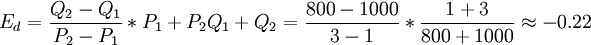 E_d=\frac{Q_2-Q_1}{P_2-P_1}*{P_1+P_2}{Q_1+Q_2}=\frac{800-1000}{3-1}*\frac{1+3}{800+1000}\approx  -0.22