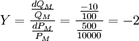 Y=\frac{\frac{dQ_M}{Q_M}}{\frac{dP_M}{P_M}}=\frac{\frac{-10}{100}}{\frac{500}{10000}}=-2