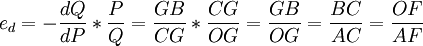 e_d=-\frac{dQ}{dP}* \frac{P}{Q}=\frac{GB}{CG}* \frac{CG}{OG}=\frac{GB}{OG}=\frac{BC}{AC}=\frac{OF}{AF}
