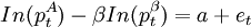 In(p_{t}^{A})- \beta In(p_{t}^{\beta})=a+e_t
