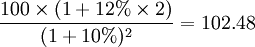 \frac{100\times(1+12%\times2)}{(1+10%)^2}=102.48