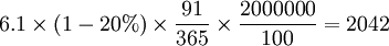 6.1\times(1-20%)\times{\frac{91}{365}}\times{\frac{2000000}{100}}=2042