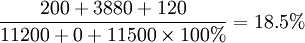 \frac{200+3880+120}{11200+0+11500\times100%}=18.5%