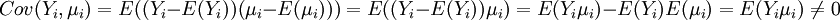 Cov(Y_i,\mu_i)=E((Y_i-E(Y_i))(\mu_i-E(\mu_i)))=E((Y_i-E(Y_i))\mu_i)=E(Y_i\mu_i)-E(Y_i)E(\mu_i)=E(Y_i\mu_i)\ne0