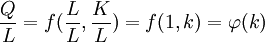 {Q \over L}=f({L \over L},{K \over L})=f(1,k)=\varphi(k)