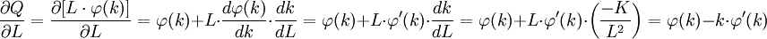 {\partial Q \over \partial L} = {{\partial [ L \cdot \varphi (k) ] } \over \partial L}  = \varphi (k) + L \cdot {{d \varphi (k) } \over dk} \cdot {dk \over dL}   = \varphi (k) + L \cdot \varphi ^\prime (k) \cdot {dk \over dL}   = \varphi (k) + L \cdot \varphi ^\prime (k) \cdot \left( {{-K } \over {L^2} } \right)  = \varphi (k) - k \cdot \varphi ^\prime (k)