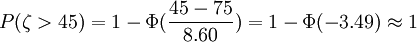 P(\zeta>45)=1-\Phi(\frac{45-75}{8.60})=1-\Phi(-3.49)\approx1