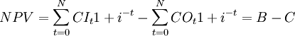 NPV=\sum_{t=0}^N CI_t {1+i}^{-t} -\sum_{t=0}^N CO_t {1+i}^{-t}=B-C