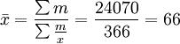 \bar{x}=\frac{\sum m}{\sum\frac{m}{x}}=\frac{24070}{366}=66