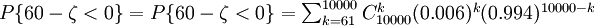 P\{60-\zeta<0\}=P\{60-\zeta<0\}=\begin{matrix}\sum_{k=61}^{10000} C_{10000}^k(0.006)^k(0.994)^{10000-k}\end{matrix}