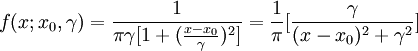 f(x;x_0,\gamma)=\frac{1}{\pi\gamma[1+(\frac{x-x_0}{\gamma})^2]}=\frac{1}{\pi}[\frac{\gamma}{(x-x_0)^2+\gamma^2}]