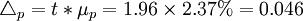 \triangle_p=t*\mu_p=1.96\times 2.37%=0.046