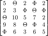 \begin{bmatrix}5 & \Theta & 2 & \Phi & 2 \\2 & 3 & \Phi & \Theta & \Phi \\ \Theta & 10 & 5 & 7 & 2 \\ 9 & 8 & \Theta & \Phi & 4 \\ \Phi & 6 & 3 & 6 & 5 \end{bmatrix}