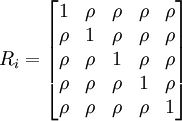 R_i=\begin{bmatrix} 1 & \rho & \rho & \rho & \rho \\ \rho & 1 & \rho & \rho & \rho \\ \rho & \rho & 1 & \rho & \rho \\ \rho & \rho & \rho & 1 & \rho \\ \rho & \rho & \rho & \rho & 1 \end{bmatrix}