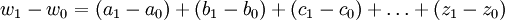 w_1-w_0=(a_1-a_0)+(b_1-b_0)+(c_1-c_0)+\ldots+(z_1-z_0)