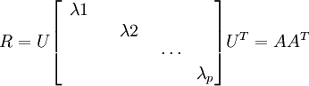 R=U\begin{bmatrix} \lambda1&\\ \quad& \lambda2& \\ \quad&\qquad & \cdots \\ \qquad& \qquad& \quad&\lambda_p\end{bmatrix}U^T=AA^T