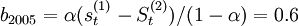 b_{2005}=\alpha(s_t^{(1)}-S_t^{(2)})/(1-\alpha)=0.6