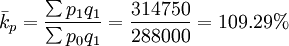 \bar{k}_p=\frac{\sum p_1q_1}{\sum p_0q_1}=\frac{314750}{288000}=109.29%